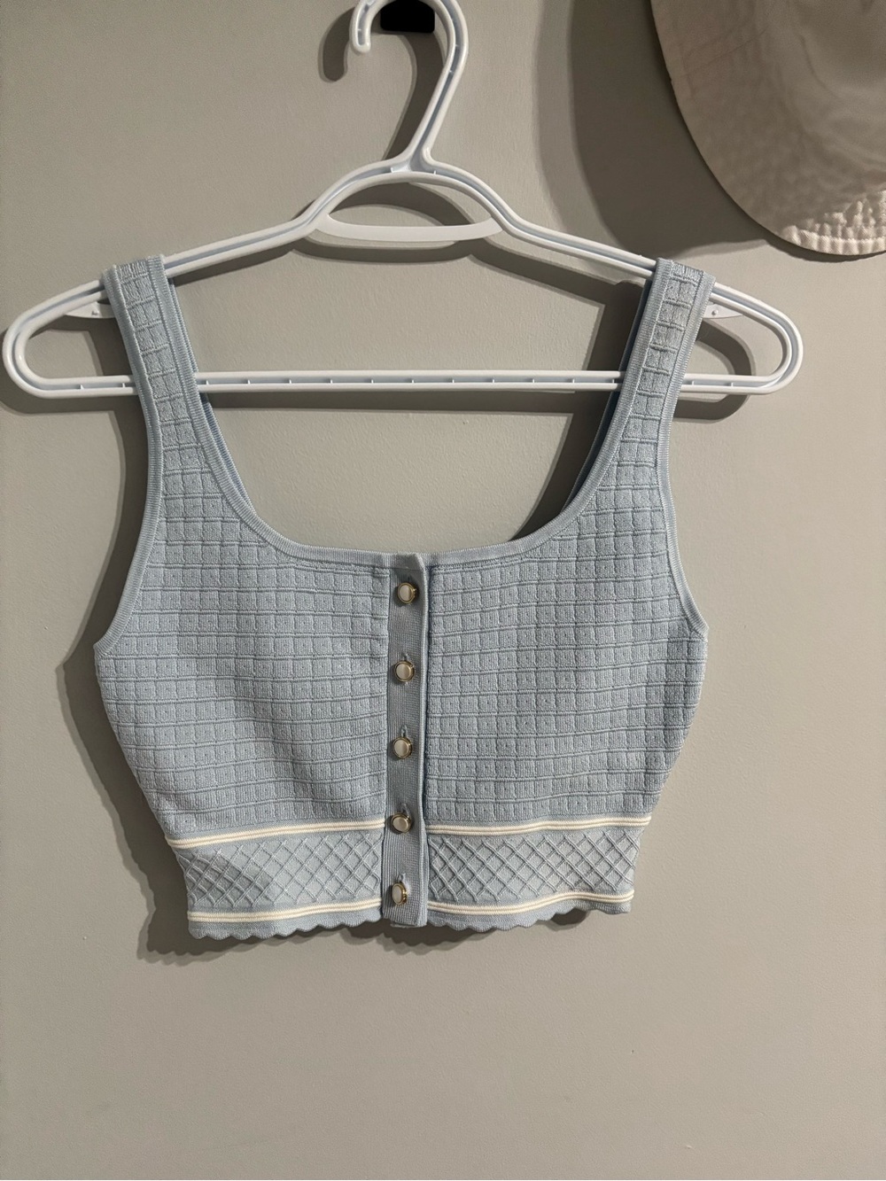 Babaton Light Blue Knit Button-Front Cropped Tank Top